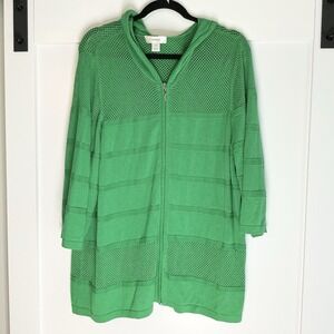 CJ Banks Green Zip Light Hooded Cardigan SZ‎ 2XL Open Knit Beachy Coastal Boho